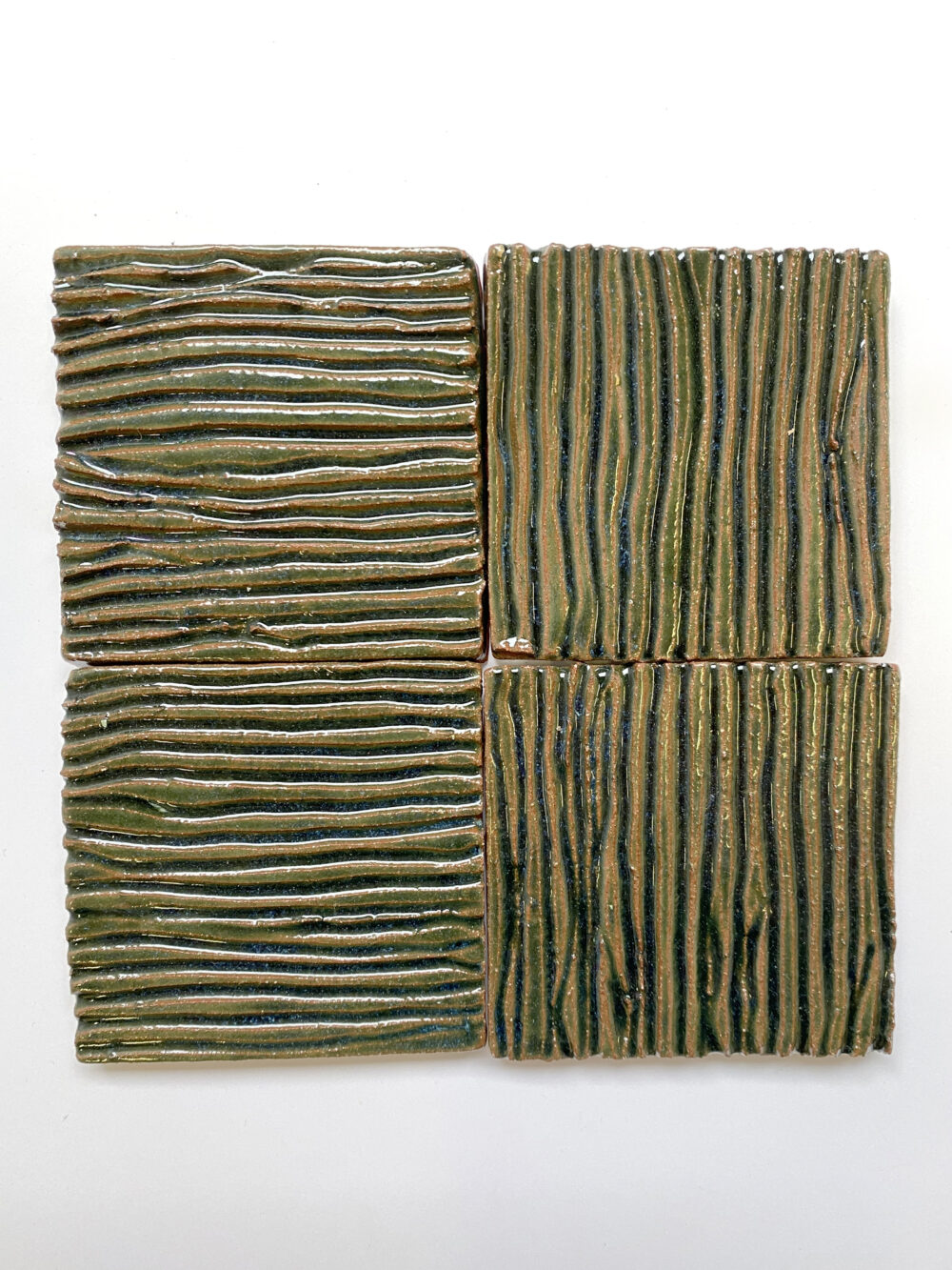 Bottle Green hand carved bamboo tree bark pattern Relief Handmade Ceramic Tile